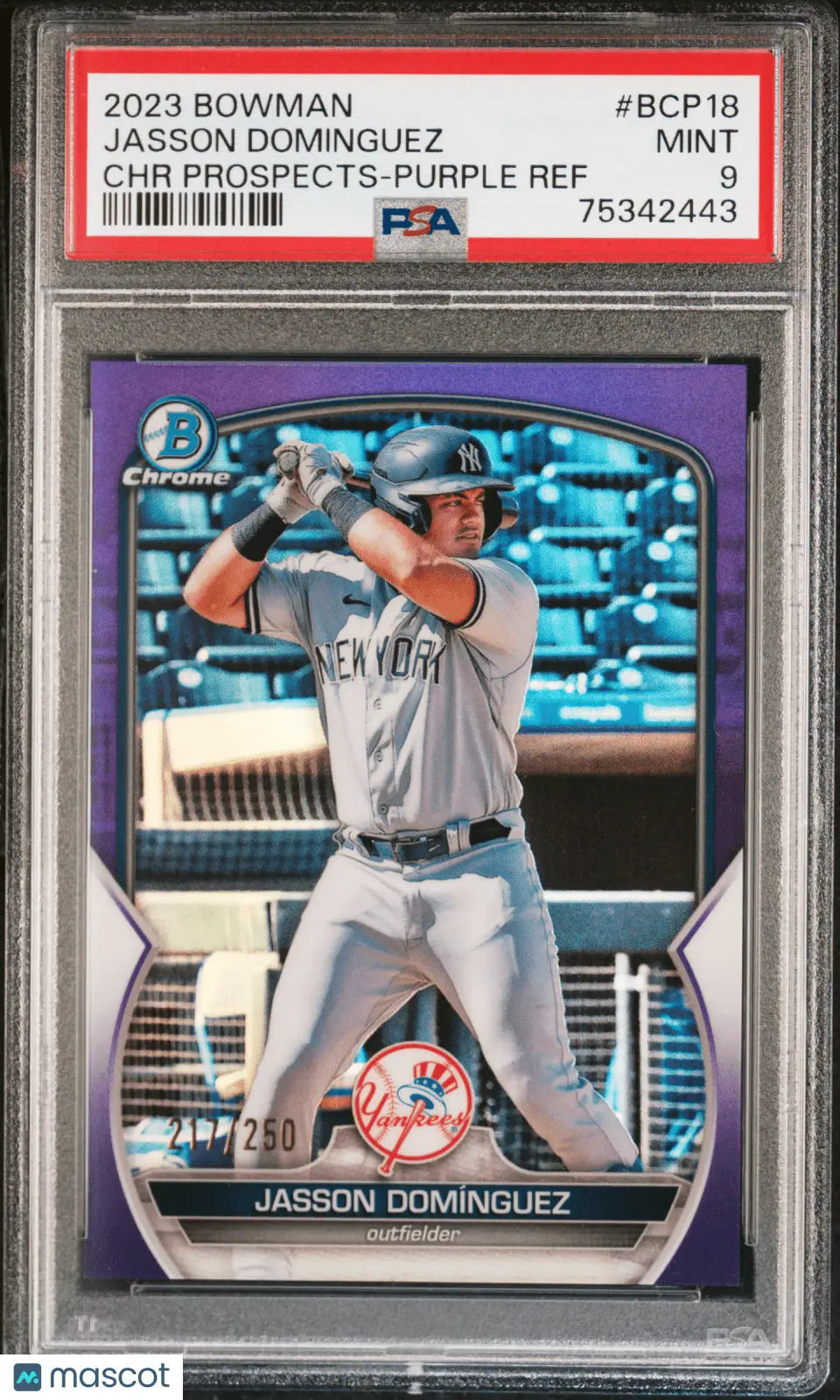 Jasson Dominguez 2023 Bowman Chrome Prospects Purple Refractor card PSA 9 Columbia Hobby
