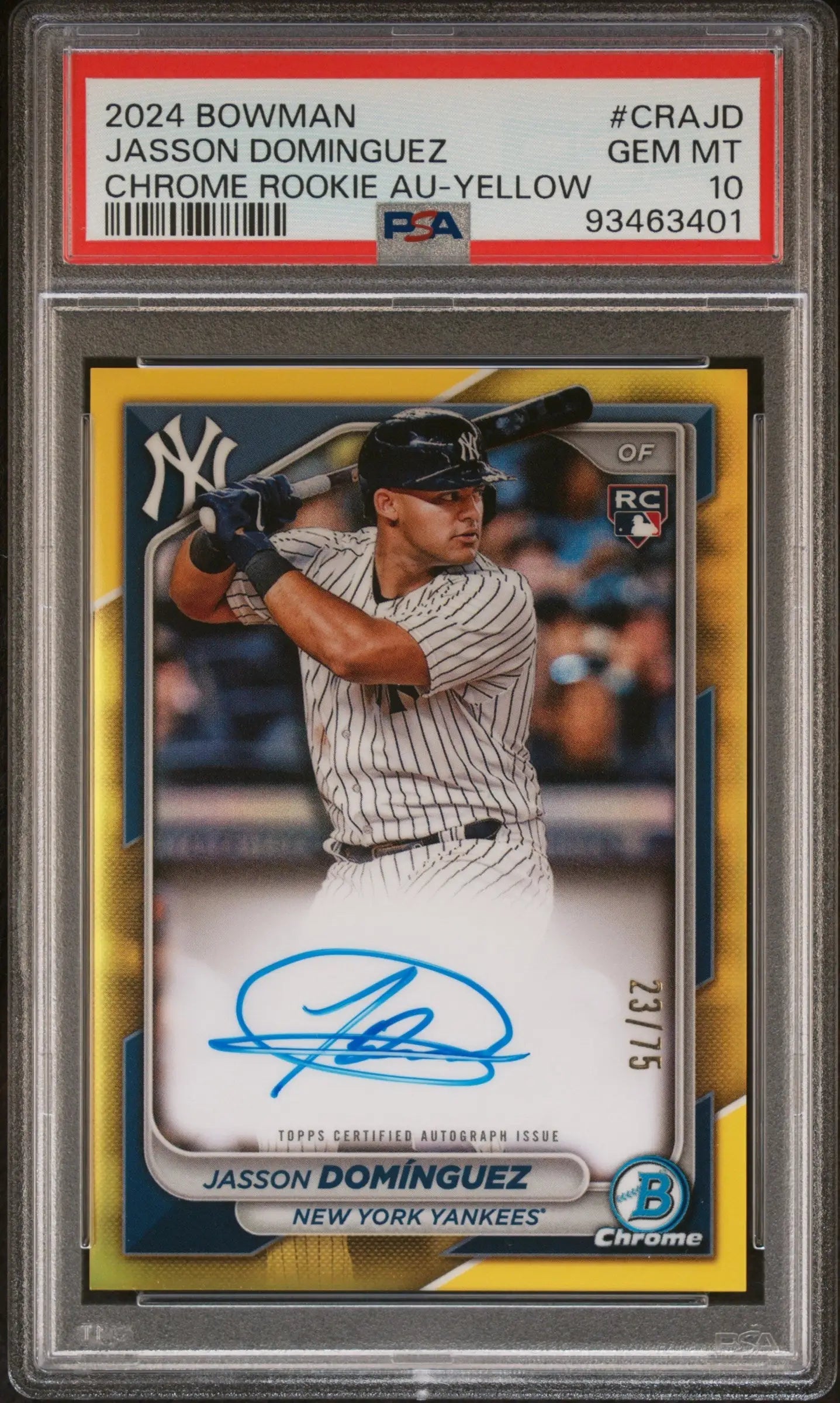 Jasson Dominguez Bowman Chrome Yellow autographed rookie card PSA 10 Gem Mint