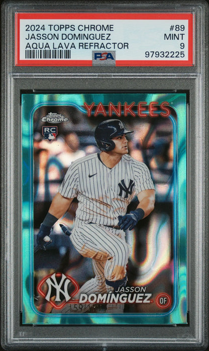 Graded Jasson Dominguez 2024 Topps Chrome RC Aqua Lava Refractor card Columbia Hobby