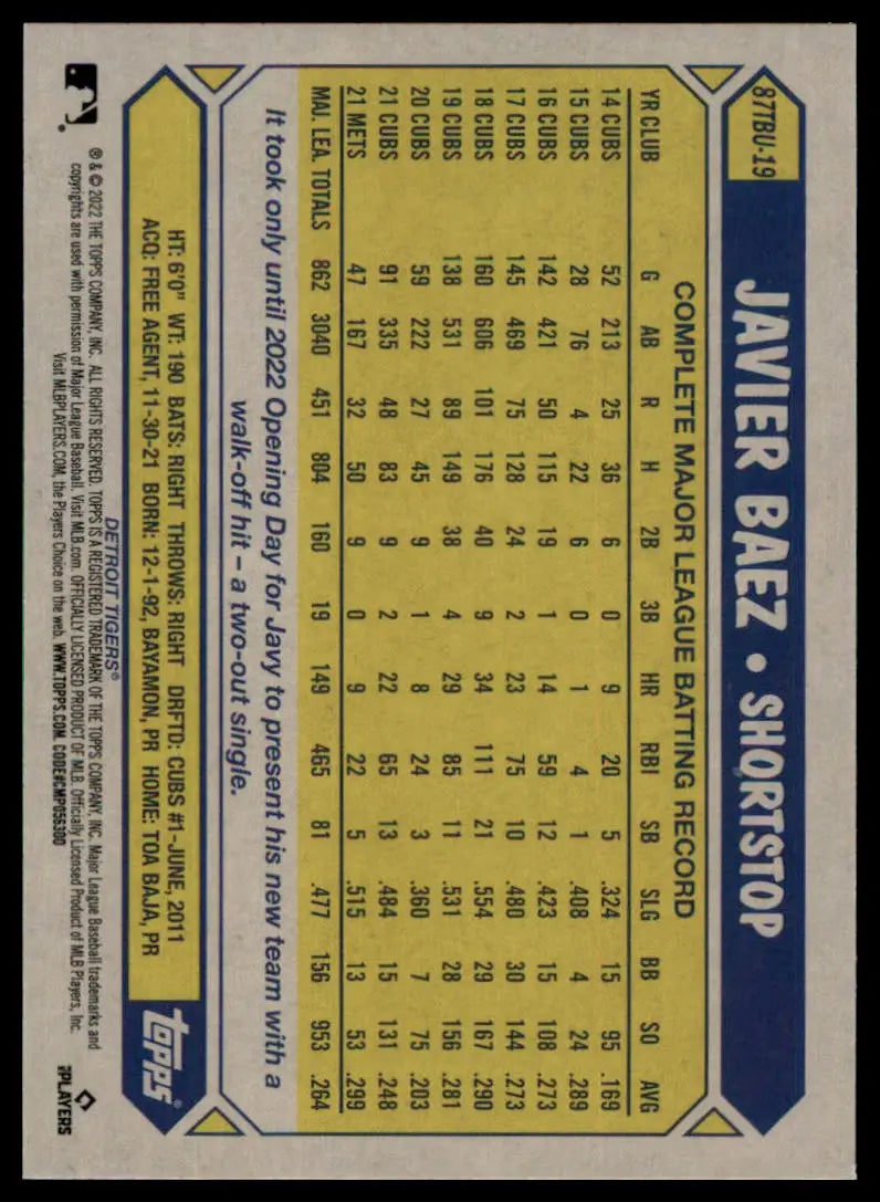 Javier Baez baseball card from 2022 Topps Update Detroit Tigers anniversary series