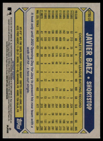 Javier Baez baseball card from 2022 Topps Update Detroit Tigers anniversary series