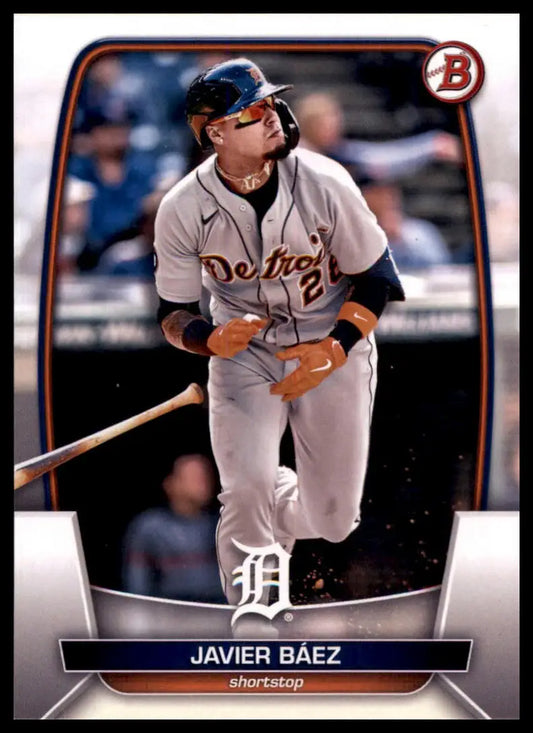 Javier Baez baseball card from 2023 Bowman series featuring Detroit Tigers player