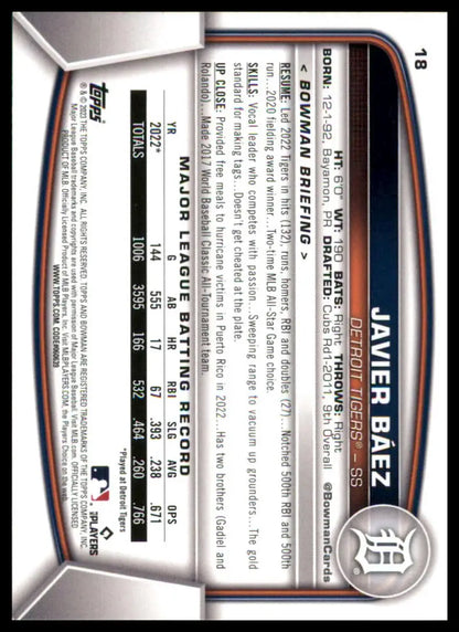Javier Baez 2023 Bowman baseball card featuring Javier Baez from the Detroit Tigers