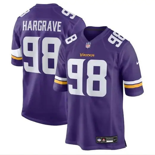 Purple Minnesota Vikings NFL football jersey with number 98 and HARGRAVE on the back