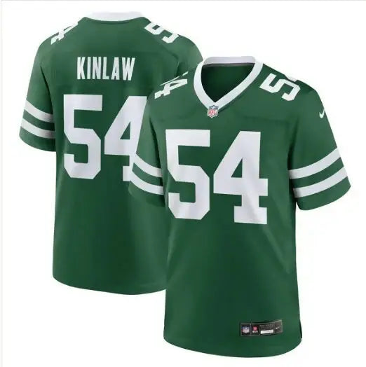 Green American football jersey with white numbers and stripes, Javon Kinlaw York Jets Nike