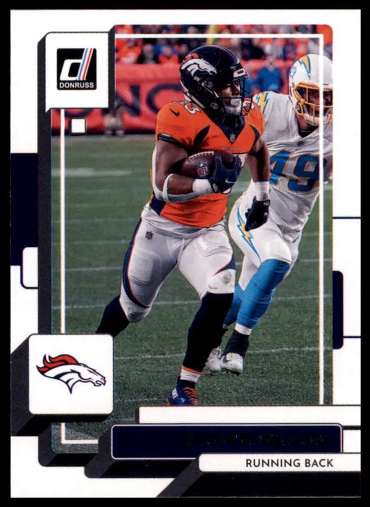 Football trading card featuring Javonte Williams from the 2022 Donruss Denver Broncos series