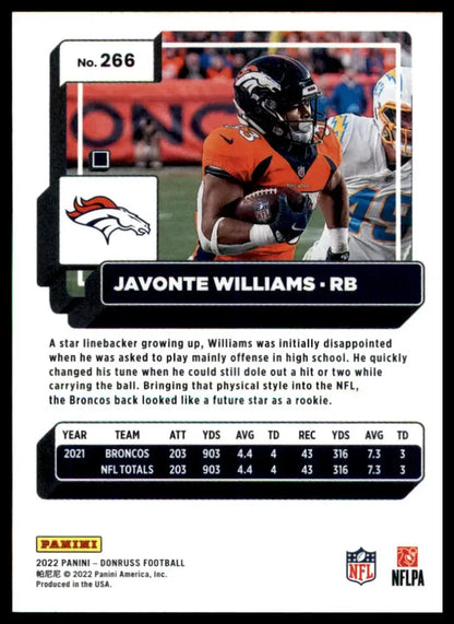 Javonte Williams 2022 Donruss football card featuring Denver Broncos player