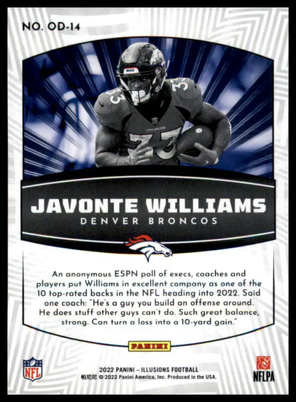 Javonte Williams football card from Panini Illusions 2022 Operation Detonation series