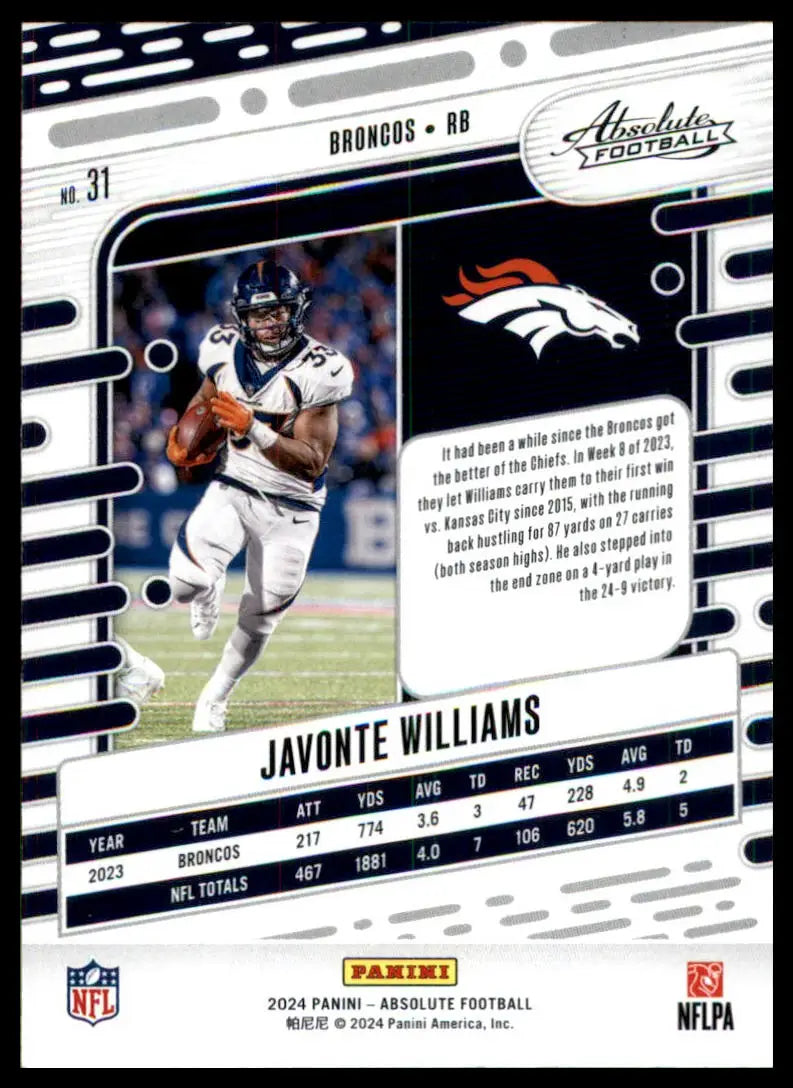 Javonte Williams football card from Panini Absolute 2024 Denver Broncos product
