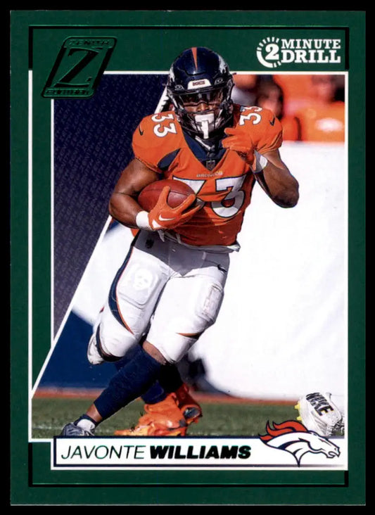 Javonte Williams football card from Panini Zenith 2024 Two Minute Drill series