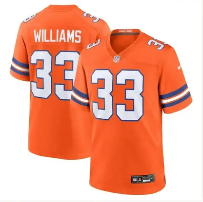 Orange Javonte Williams Denver Broncos Nike Mile High Collection jersey with WILLIAMS and 33 on back