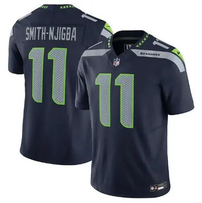 Dark blue Seattle Seahawks jersey with lime green number 11 and SMITH-NJIGBA on back