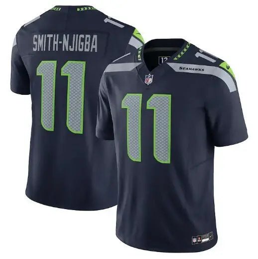 Dark blue Seattle Seahawks jersey with lime green number 11 and SMITH-NJIGBA on back