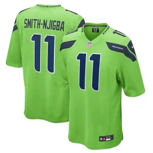 Bright green Seattle Seahawks Nike Game Jersey with SMITH-NJIGBA and number 11 on back
