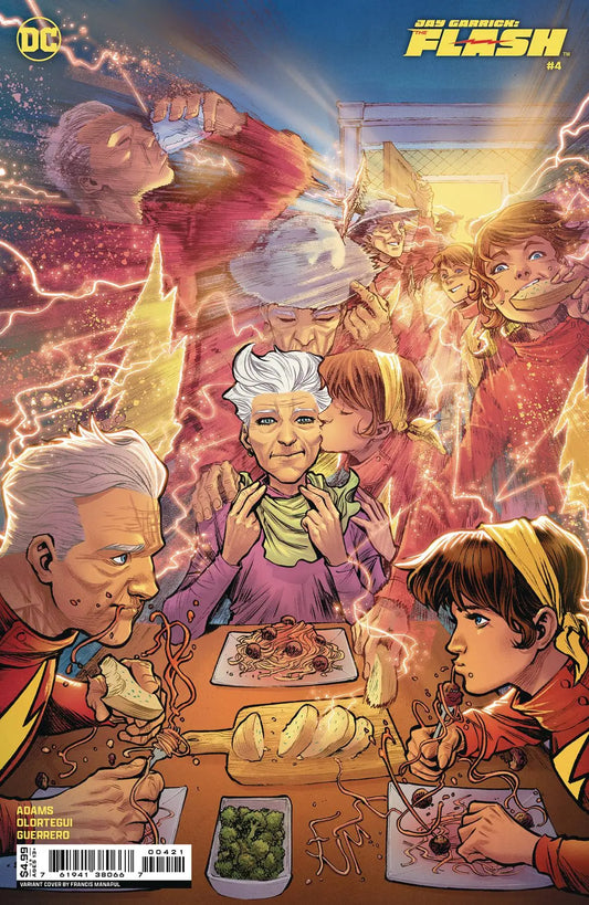 Comic book cover featuring Jay Garrick and friends sharing a meal in vibrant artwork