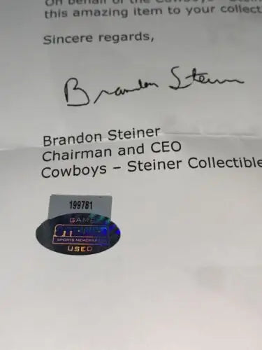 Autographed letter from Brandon Steiner with Jay Ratliff Dallas Cowboys memorabilia