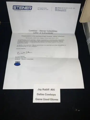 Letter of authenticity for Jay Ratliff Dallas Cowboys NFL game worn gloves equipment