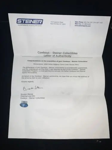 Steiner Collectibles letter of authenticity for Jay Ratliff Dallas Cowboys gloves