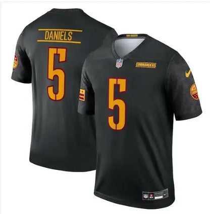 Black Jayden Daniels Washington Commanders Nike alternate jersey with orange number 5 and DANIELS on back