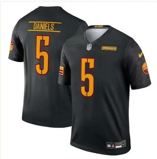 Black Jayden Daniels Washington Commanders Nike alternate jersey with orange number 5 and DANIELS on back