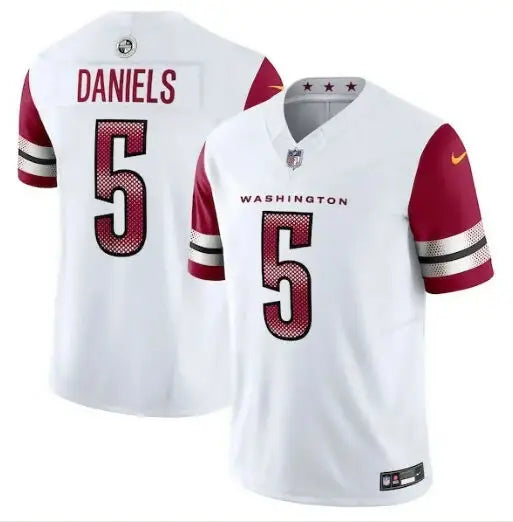 White and burgundy Jayden Daniels Washington Commanders Nike Vapor F.U.S.E. jersey with number 5