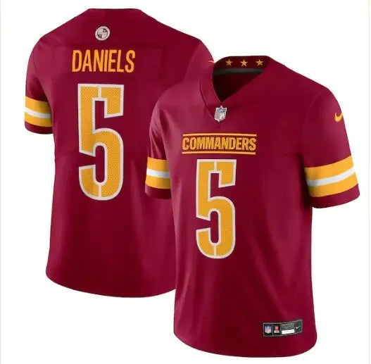 Red and gold Washington Commanders jersey with Daniels name and number 5 Nike Vapor