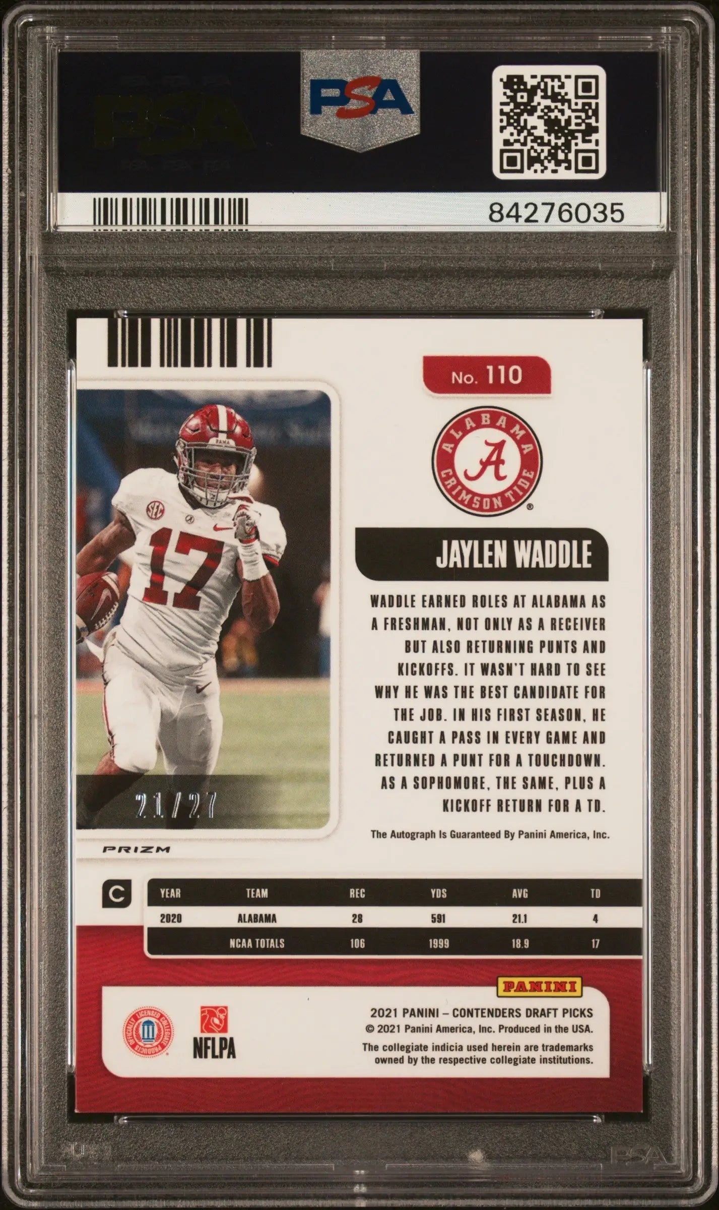 PSA-graded Jaylen Waddle 2021 Contender Draft Blue Shimmer Auto football card