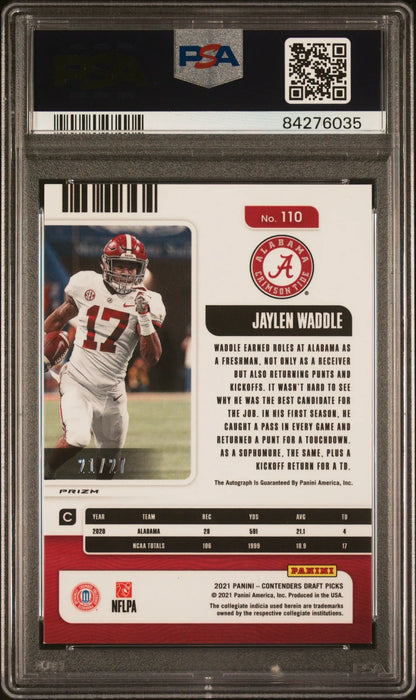 PSA-graded Jaylen Waddle 2021 Contender Draft Blue Shimmer Auto football card
