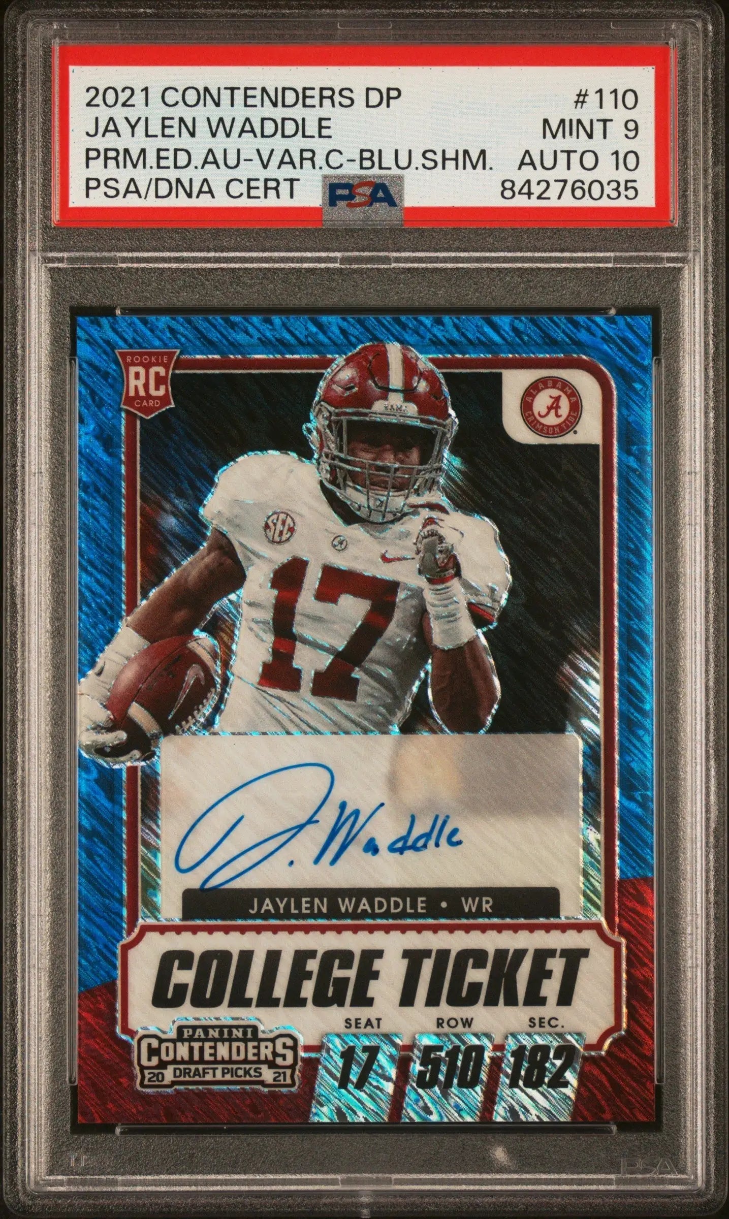 PSA-graded Jaylen Waddle 2021 Contender Draft Blue Shimmer Auto rookie card #21/27