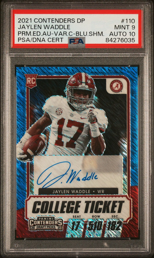 PSA-graded Jaylen Waddle 2021 Contender Draft Blue Shimmer Auto rookie card #21/27