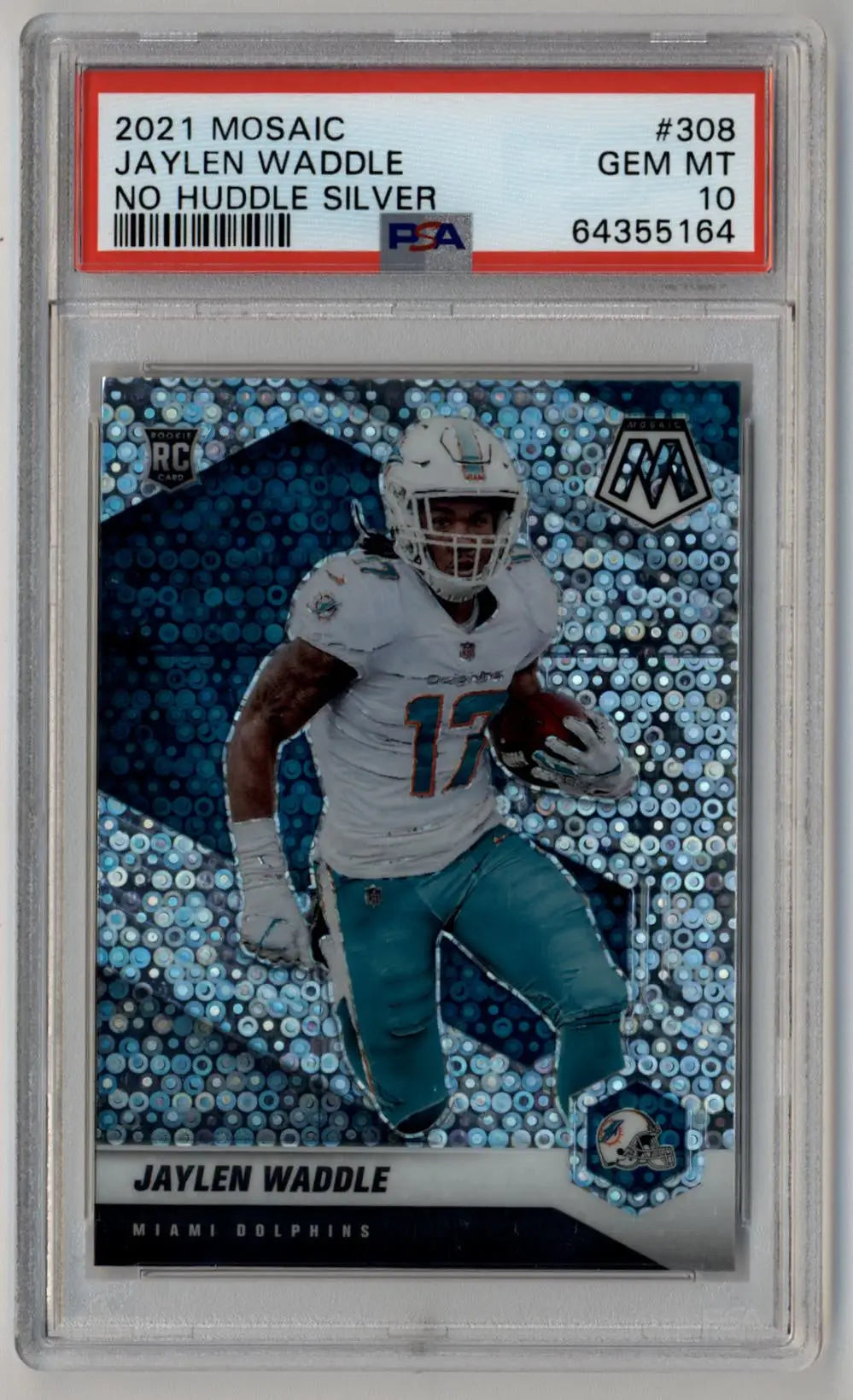 PSA-graded Jaylen Waddle 2021 Mosaic No Huddle Silver Variation NFL card in mint condition