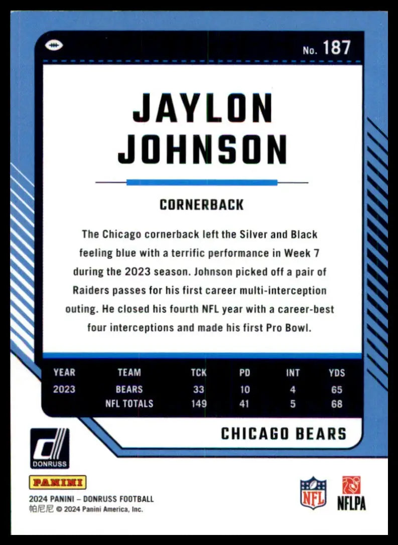 Jaylon Johnson football card from 2024 Donruss Chicago Bears collection