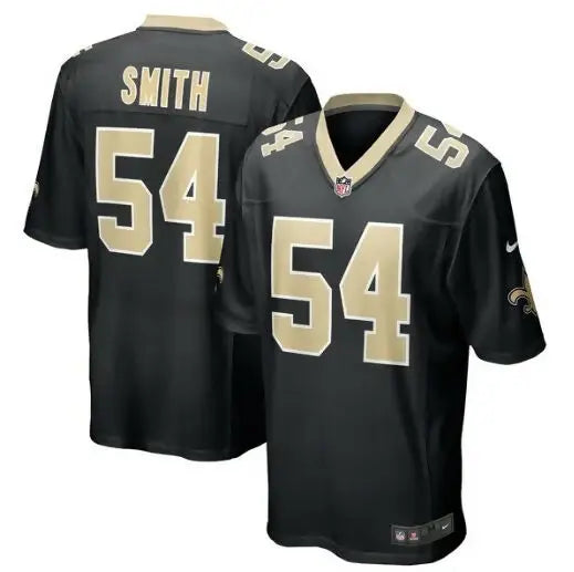 Black and gold New Orleans Saints Nike Jaylon Smith football jersey displayed