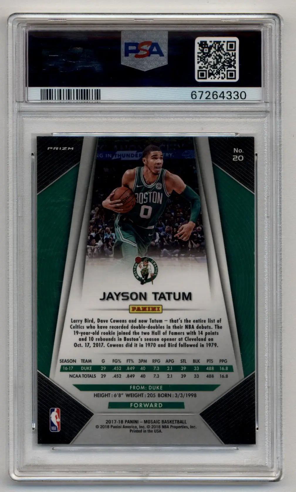 Graded Jayson Tatum 2017-18 Prizm Mosaic Green rookie card PSA 9 Mint