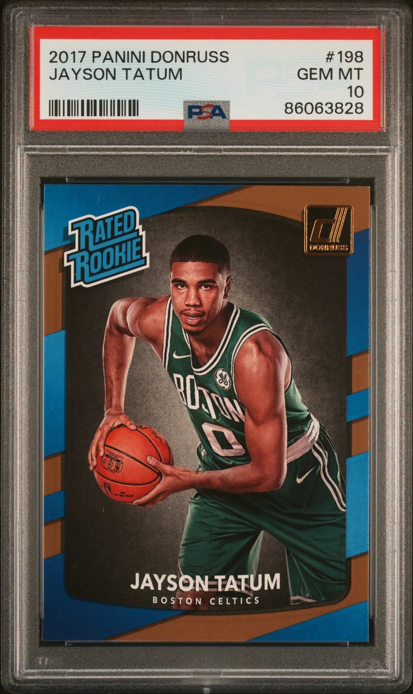 Jayson Tatum 2017 Donruss Rated Rookie basketball card in PSA 10 Gem Mint condition