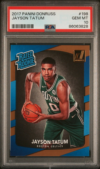 Jayson Tatum 2017 Donruss Rated Rookie basketball card in PSA 10 Gem Mint condition