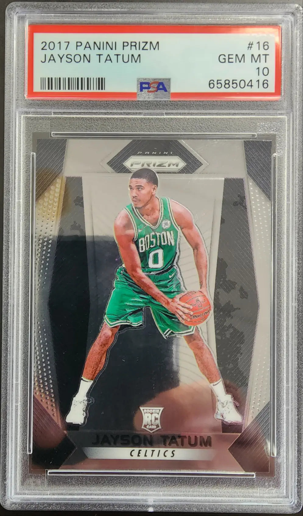 Graded Jayson Tatum Panini Prizm Rookie basketball card in PSA 10 Gem Mint condition