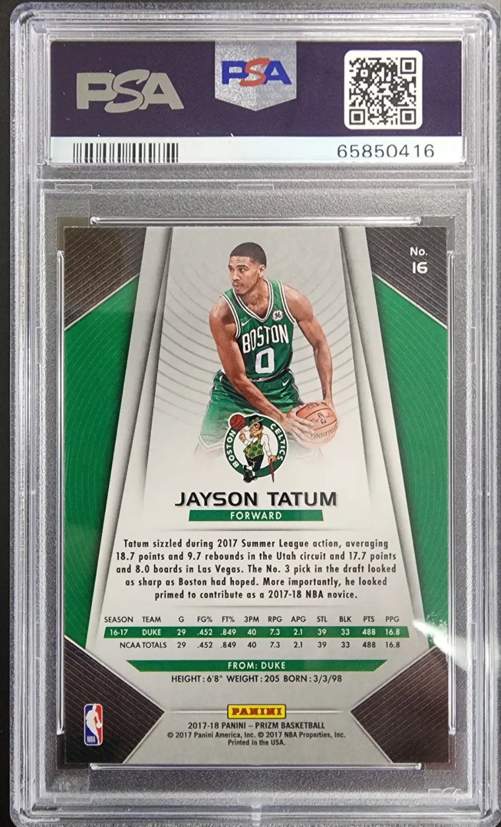Graded 2017-18 Panini Prizm Jayson Tatum rookie basketball card PSA 10 Gem Mint