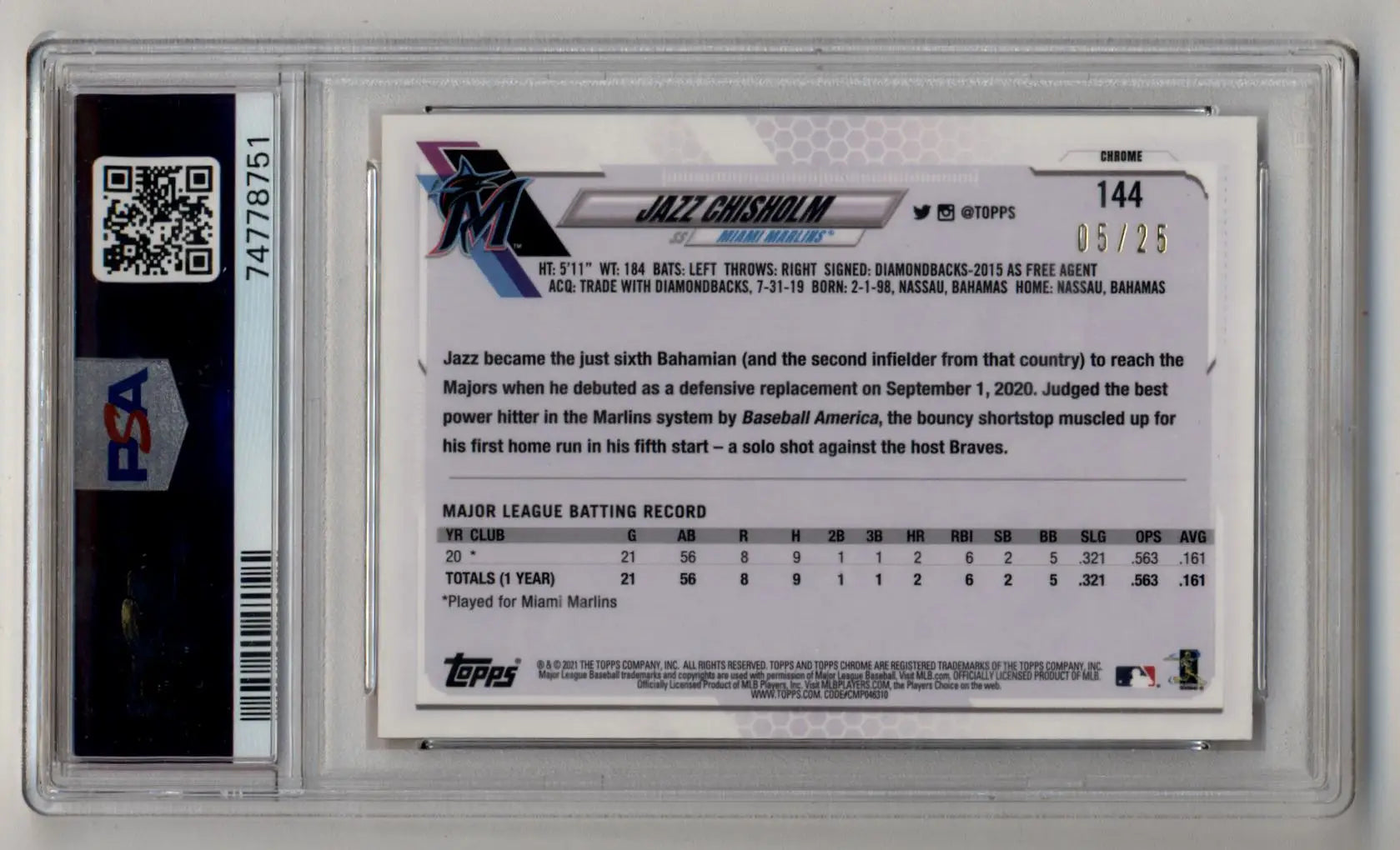 Graded Jazz Chisholm 2021 Topps Chrome Orange Refractor trading card PSA 10