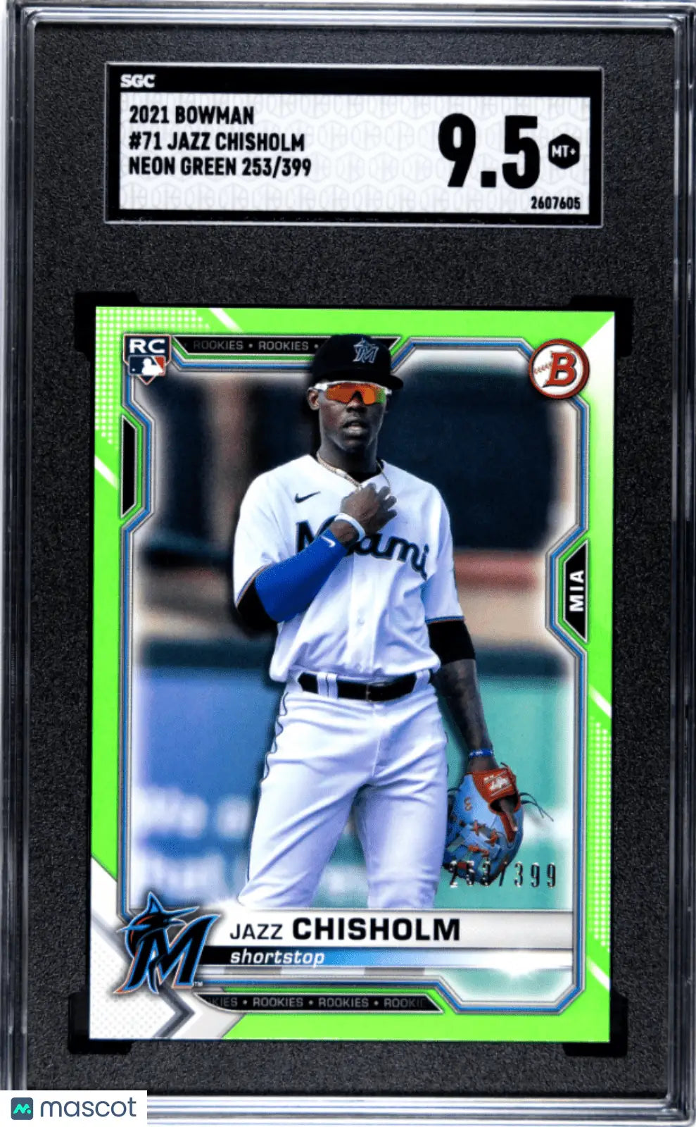 Columbia Hobby Jazz Chisholm neon green baseball card graded 9.5 SGC from 2021 Bowman