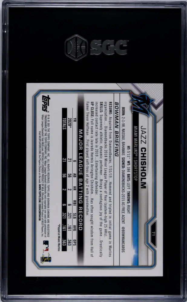 Graded Jazz Chisholm baseball card in neon green from Columbia Hobby featuring Yankees rookie