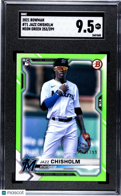 Graded Jazz Chisholm baseball card in neon green from Columbia Hobby featuring JAZZ CHISHOLM