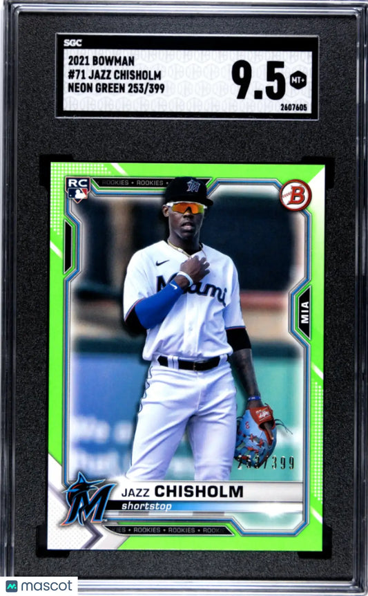 Graded Jazz Chisholm baseball card in neon green from Columbia Hobby featuring JAZZ CHISHOLM