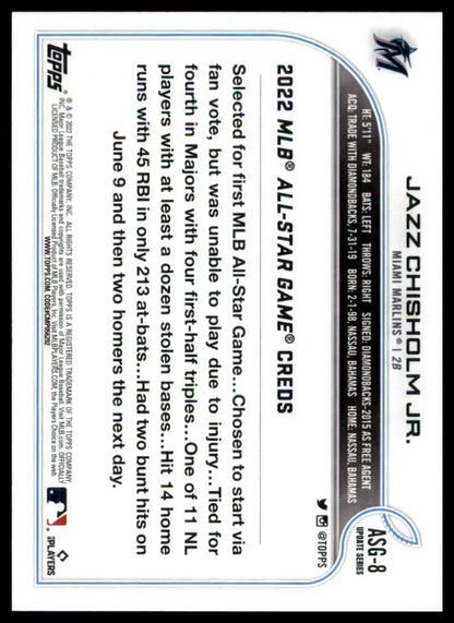 Baseball card back of Jazz Chisholm from 2022 Topps Update MLB All-Star Game