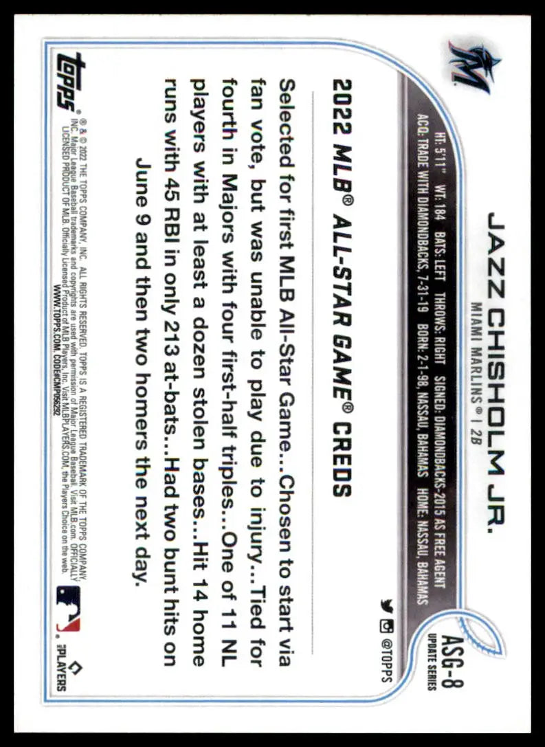 Back of Jazz Chisholm 2022 Topps Update MLB All-Star Game baseball card