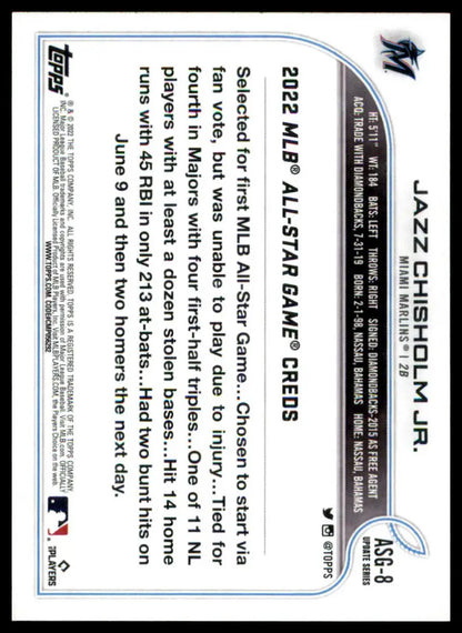 Back of Jazz Chisholm 2022 Topps Update MLB All-Star Game baseball card