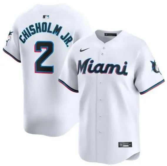 White Miami Marlins baseball jersey featuring Jazz Chisholm Jr. Nike home limited player design