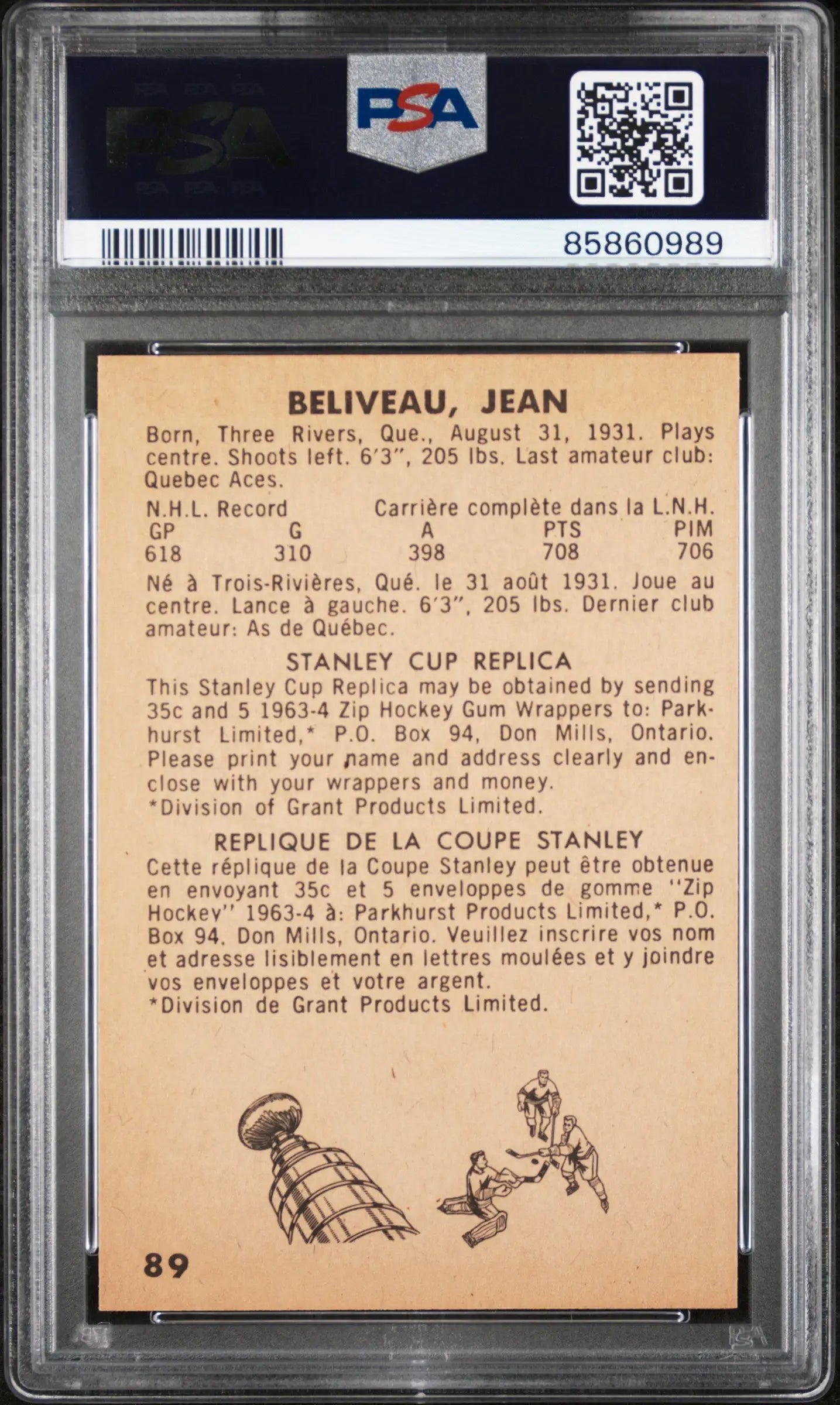 Jean Beliveau 1963 Parkhurst #89 PSA 8 Nm-Mint - Singles