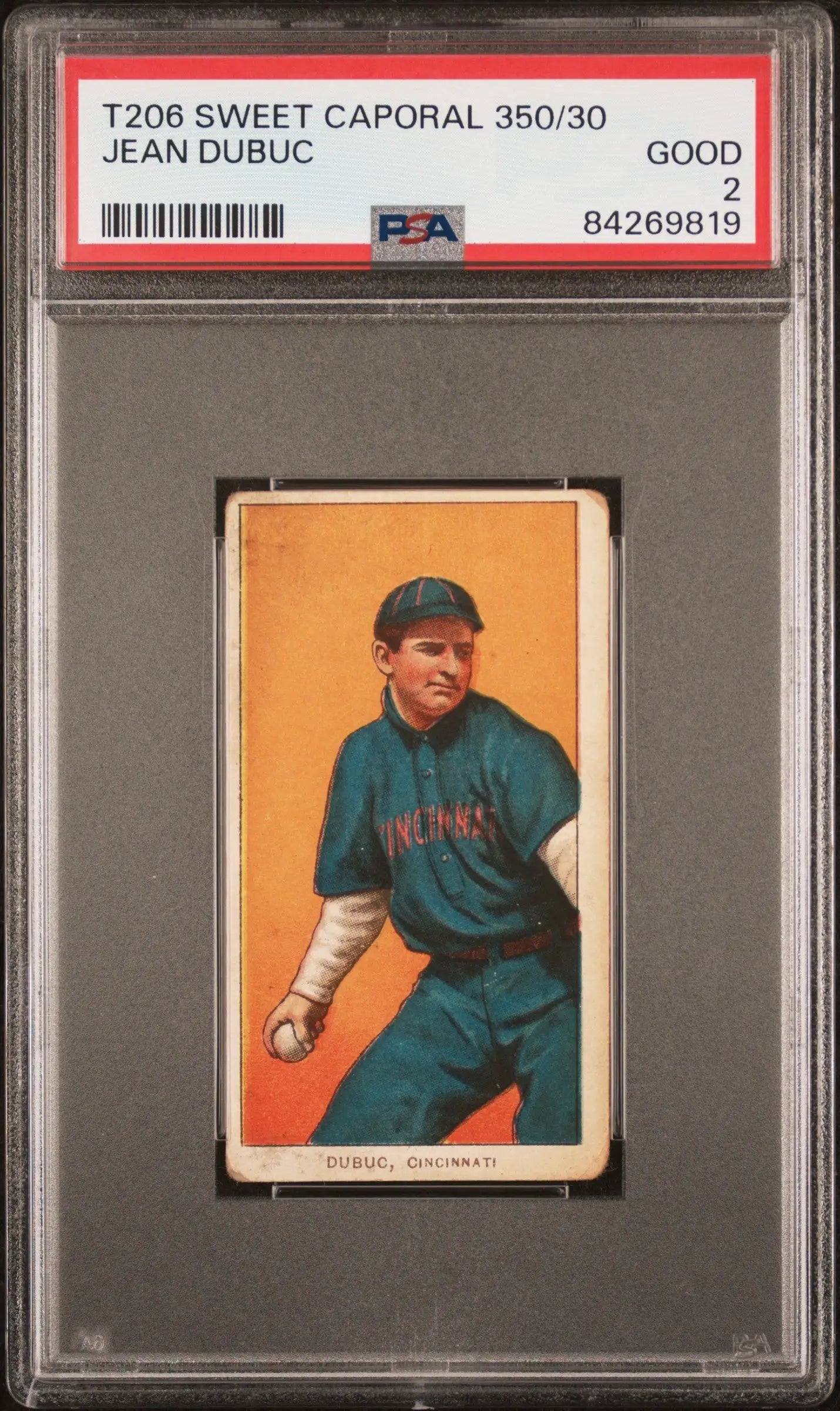 PSA-graded T206 Sweet Caporal baseball card of Jean Dubuc in Cleveland’s green uniform