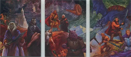 Three painted panels from Jeff Easley Fantasy Art trading cards showcasing dramatic scenes